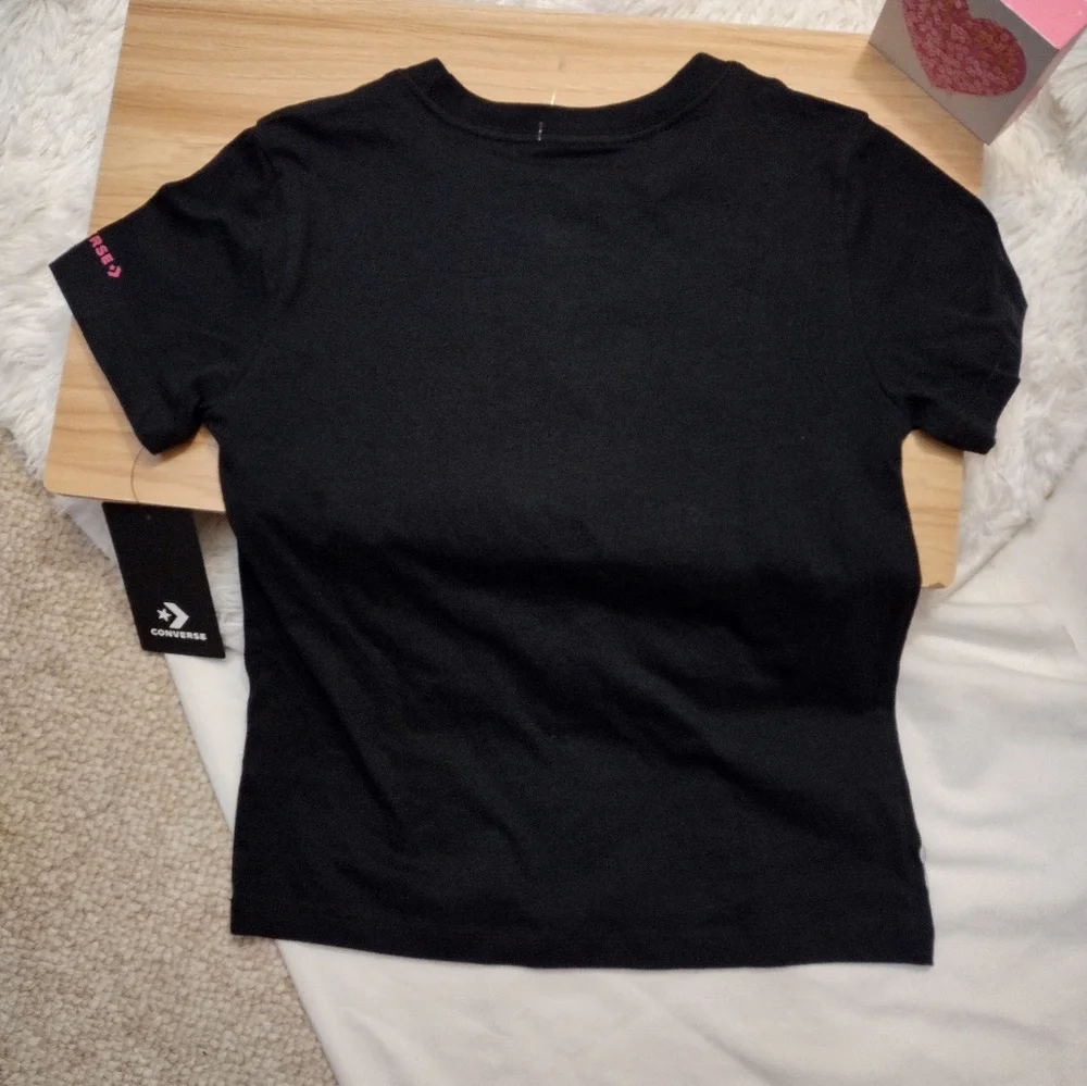 Converse Black T-Shirt with Pink and Brown Sneaker Graphic Girl Med 10/12 🆕
